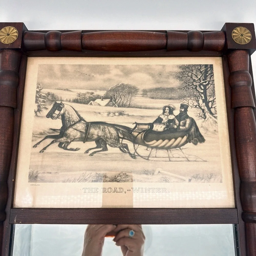 Currier Ives VTG Adams' Cabinet Shop Wall Mirror Currier & Ives Print Wood Frame